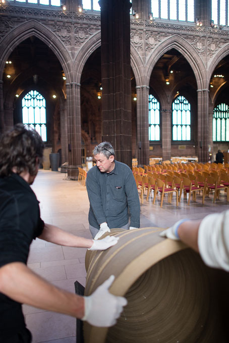 Julian Stair installing Quietus in Manchester Cathedral 2016